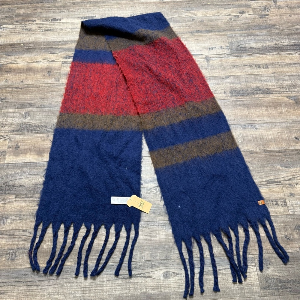 Frye & Co Fringe Scarf Blue Red Brown Wrap Around Wide Long